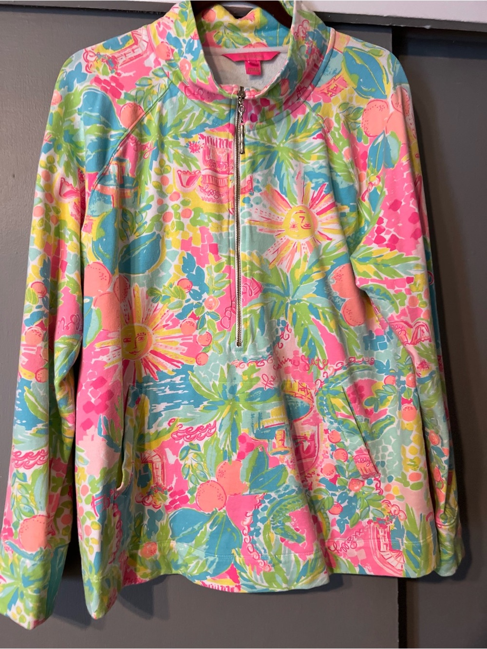 Lily Pulitzer Bright Floral Quarter-Zip Pullover Top - Pink & Teal - Picture 5 of 10